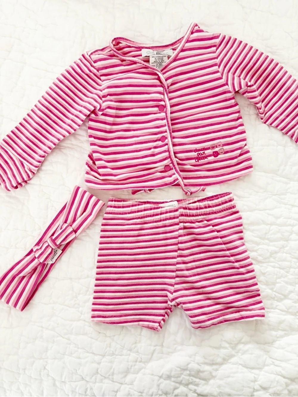 deux par deux Pink and White Striped matching Set with Headband 12m baby girl